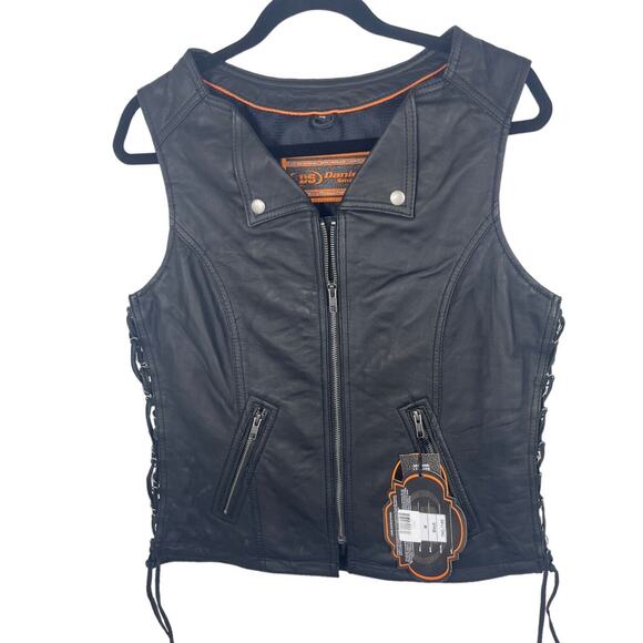 Biker Motorcycle Vest Womens Sz Med Soft Black Leather Zip Side Laces NWT Pocket - Picture 1 of 15